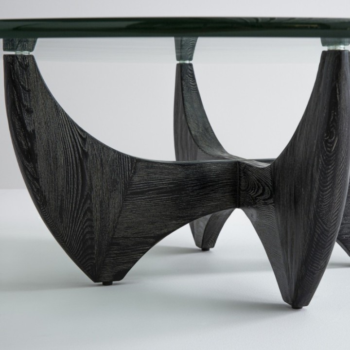 Table basse ronde en chêne massif noir avec plateau en verre HARPER