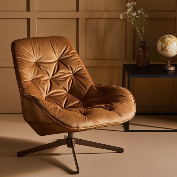 Grand fauteuil camel matelassé esprit bureau en velours