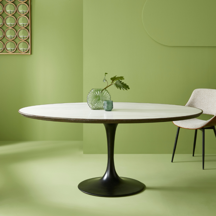 Table Tulipe plateau marbre blanc et chêne