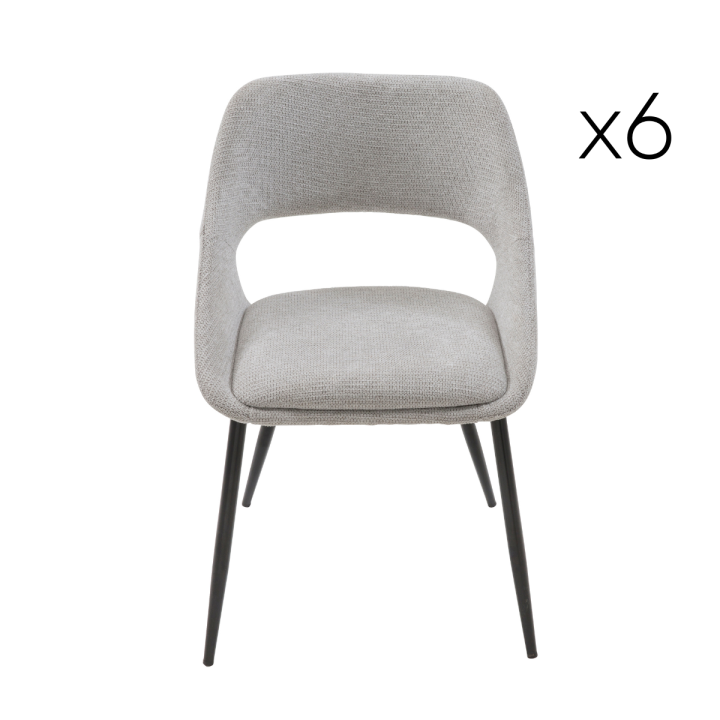 Lot de 6 chaises en tissu gris avec piètement en métal ELODIE
