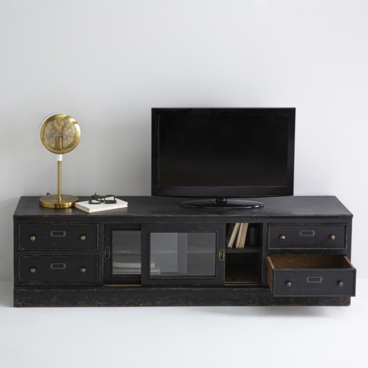 Meuble TV en bois massif et verre AMSTERDAM