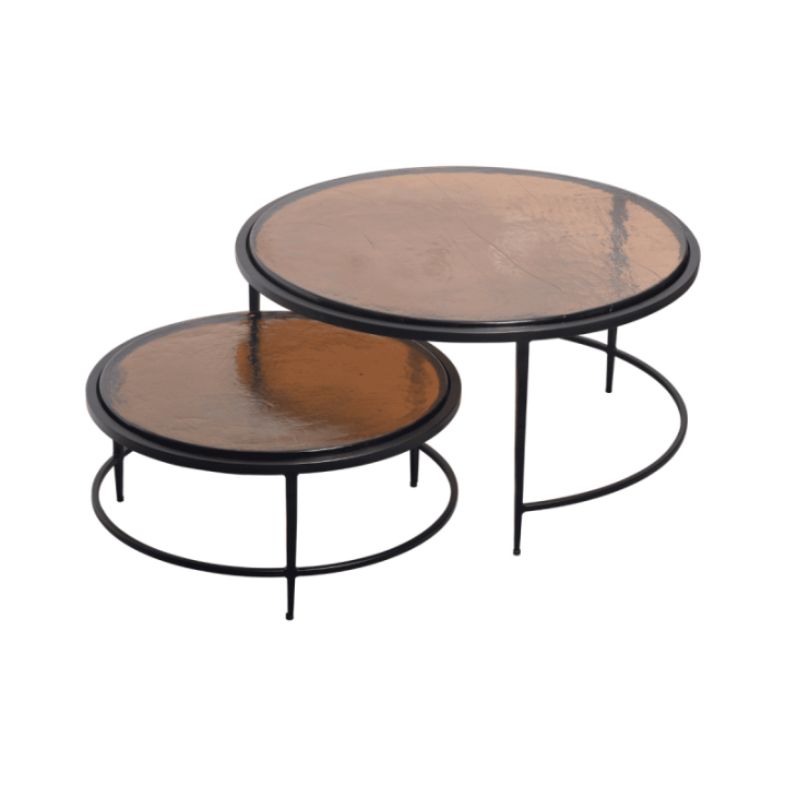 Tables basses gigognes en verre fumé et métal noir IGLOO