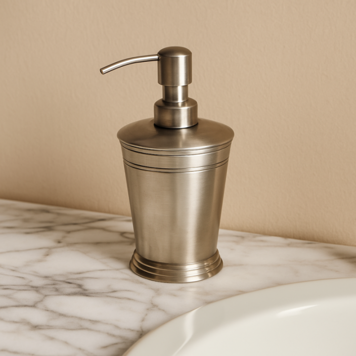 Distributeur de savon liquide vintage, laiton argenté